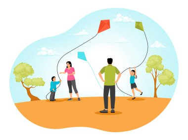 Güneşli bir günde mutlu bir aile açık havada uçurtma uçuruyor. Sağlıklı yaşam tarzı kavramı. Düz vektör illüstrasyonu