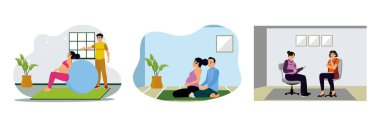 Kocasıyla birlikte denge topuyla egzersiz yapan hamile bir kadın. Evde meditasyon yapan bir çift. Klinikte doktora danışan hamile bir kadın. Düz vektör resimlemesini ayarla.
