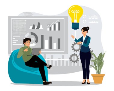 Proje başlatma konsepti. Profesyonel beyin fırtınası yapan, dizüstü bilgisayar kullanan ve çizelgeleri analiz eden bir takım çalışması. Düz vektör illüstrasyonu.