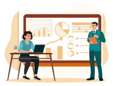 İş planlama ve analiz araçları. Bir yönetici ve çalışan iş planlarını tartışır ve bir dizüstü bilgisayar kullanarak pazarlama verilerini analiz ederler. Düz vektör illüstrasyonu.