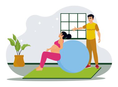 Hamile kadın fitness aktiviteleri. Hamile kadınlar, kocalarıyla birlikte dengeli bir şekilde egzersiz yaparlar. Düz vektör illüstrasyonu.
