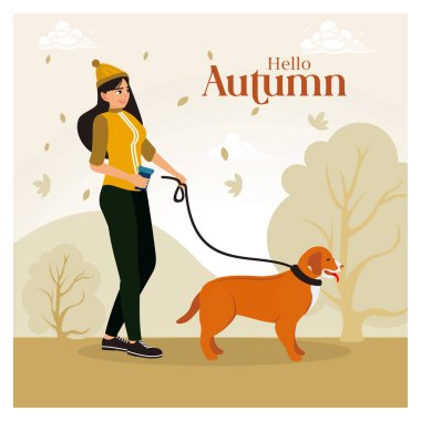 Merhaba sonbahar. Bir kadın düşen yapraklarla bir sonbahar parkında köpeğini gezdirir. Düz vektör illüstrasyonu.