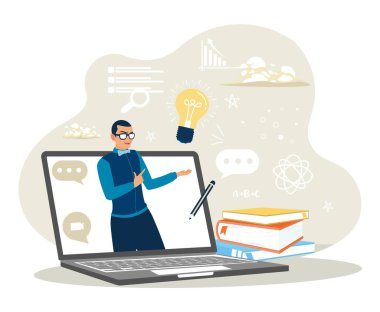 Öğretmenler ya da öğretim üyeleri öğrencilerle görüntülü konferans görüşmeleri yapıyor. Evde uzaktan eğitim için özel ders veriyorum. Düz vektör illüstrasyonu.