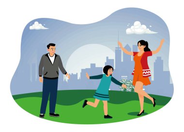 Baba, anne ve kız parkta birlikte oynuyorlar. Birlikte vakit geçirip eğleniyoruz. Düz vektör illüstrasyonu.