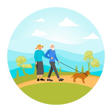 Yaşlı bir çift, köpekleriyle güzel bir doğal ortamda yürüyüş yapıyor. Sahne, dışarıdaki sükuneti, bağlantıyı ve sükuneti resmediyor. Çiftler birlikte yürür konsepti.