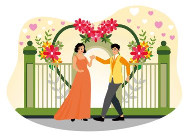 Mutlu bir günü kutlayan bir çift. Zarif giyimli ve romantik bir geçmişi var. Düz vektör illüstrasyonu.