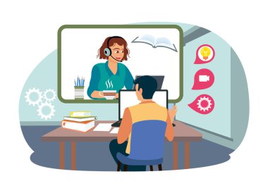 Erkek öğrenciler evde eğitim görürler. Bayan öğretmenler dersleri bilgisayardaki uzak toplantılarla açıklar. Düz vektör illüstrasyonu.