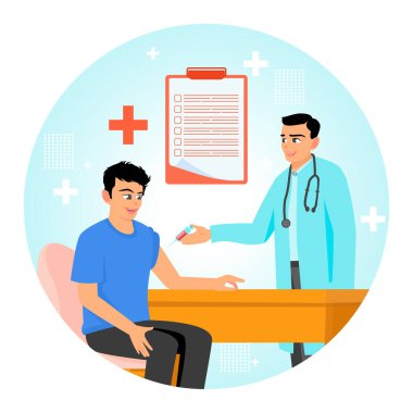 Arka planda tıbbi sembolleri ve panosu olan bir hastaya aşı uygulayan bir doktor. Sağlık hizmetleri kavramı.