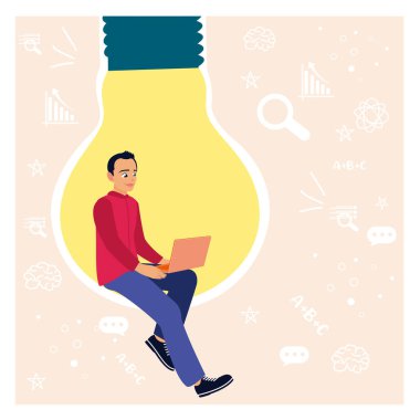 Çevrimiçi eğitim, uzaktan çalışma. Dizüstü bilgisayar kullanan genç bir yönetici ya da tezgahtar arka planda izole edilmiş. Düz vektör illüstrasyonu.