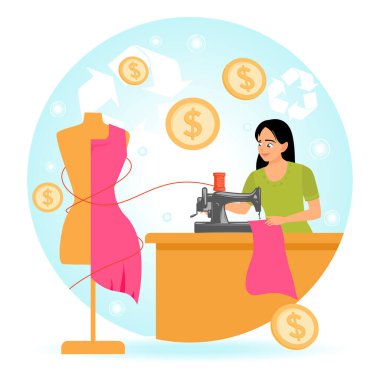 Yaratıcılığı ve çevre bilincini vurgulayan sürdürülebilirlik ve ekonomik büyüme sembolleriyle çevrili bir elbise yapmak için dikiş makinesi kullanan kendini adamış bir kadın. Atık Azaltma Konsepti.