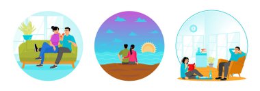 Neşeli bir çift rahat yeşil bir kanepede oturur. Sahil kenarında sakin bir gün batımının tadını çıkarıyorum. Kadın kitap okurken erkek rahat bir şekilde sandalyeye oturur. Romantik çift birlikte rahatlıyor..