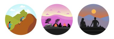 Genç çiftler sırt çantaları ve açık hava teçhizatlarıyla dağlarda yürüyüş yapıyorlar. Gün batımı kamp sahnesi. Romantik çift dağların üzerinde sakin bir gündoğumuna hayran. Çift macera konsepti