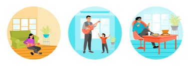 Küçük bir ukulele çalarak zaman geçiren bir kadın. Bir baba parlak bir evde oğluyla gitar çalarak zaman geçirir. Sandalyeye oturup pizzanın tadını çıkaran bir adam. Hafta sonunu ev konseptinde geçirmek.