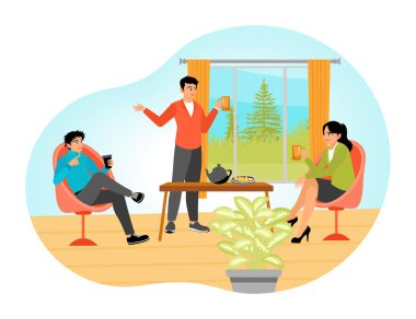 Üç arkadaş sıcak bir odada toplanıp içki, yemek ve pencerenin önünde canlı sohbetin tadını çıkarıyorlar. Sıcaklığı, bağlantıyı ve dost çevreyi yansıtır. Konuşma konsepti.