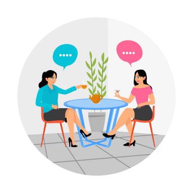 İki kadın, şık bir kafe masasında oturmuş çay içerken keyifli bir sohbet ediyorlar. Konuşma konsepti.