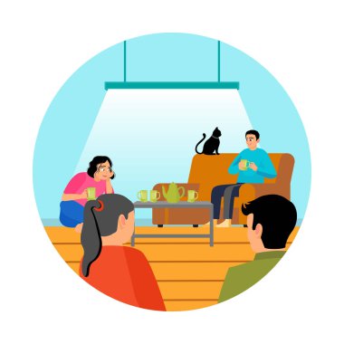 Bir grup arkadaş sıcak bir odada toplanıp çay ve dostça sohbetin tadını çıkarıyorlar. Sahne davetkar, sıcak ve rahatlık ve arkadaşlıkla dolu. Konuşma konsepti.