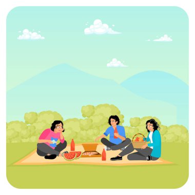 Üç arkadaş yemyeşil bir parkta, güneşli bir parkta piknikte yemek ve içecekleri paylaşıyor, doğanın huzurlu güzelliğinin ortasında dinleniyor ve eğleniyorlar. Piknik konsepti..