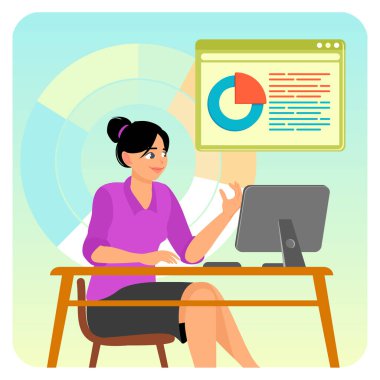 Canlı bir ofis ortamında, bilgisayarında analitik veri ve grafik sunumuyla meşgul olan bir iş kadını. Dijital veri analizi kavramı.