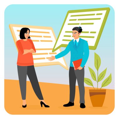 Sohbet eden iki profesyonel, diyalog ve iş tartışmasını temsil eden konuşma baloncuklarıyla birlikte. İş iletişimi ve işbirliği kavramı.