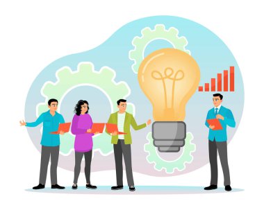 Birlikte çalışan bir grup profesyonel, yenilikçi çözümler ve kavramlarla beyin fırtınası yapıyorlar, dişliler, bir ampul ve büyüme grafikleriyle tasvir ediliyorlar. İş iletişimi ve işbirliği kavramı.
