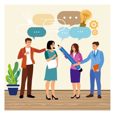 Ofiste duran bir grup farklı işçi. Konuşma baloncuklarıyla konuşmak ve iletişim kurmak. Düz vektör illüstrasyonu.