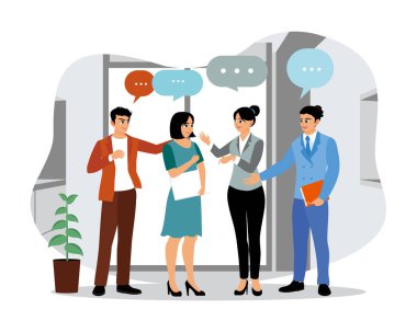 Ofiste çeşitli ofis arkadaşları toplanıyor. Sohbet etmek, konuşmak ve birlikte eğlenmek. Düz vektör illüstrasyonu.