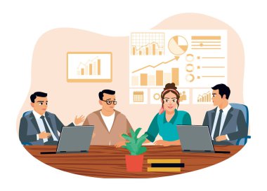 Ofiste profesyonellerden oluşan bir ekip işbirliği yapıyor. Beyin fırtınası yapmak, finansal haritaları analiz etmek ve proje geliştirme planlarını tartışmak. Düz vektör illüstrasyonu.