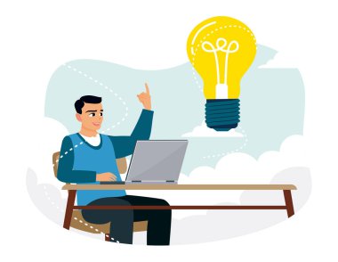 Masada dizüstü bilgisayarlı bir adam çalışıyor. Zeki adamların sezgileri, planları ve ilham verici fikirleri vardır. Düz vektör illüstrasyonu.