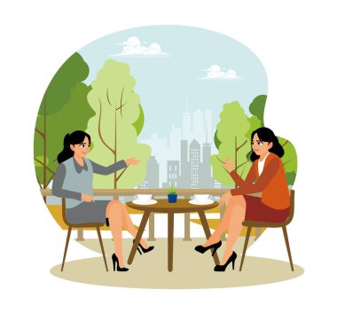 Bir kafede mola veren kadın iş arkadaşları. Sohbet edip kahve içiyoruz. Düz vektör illüstrasyonu.