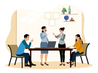 Bazı ofis çalışanları ofis mutfağında toplandı. Ofisteki insanlar öğle arasında buluşup kahve içiyorlar. Düz vektör illüstrasyonu.