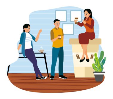 Ofis çalışanları ofiste tatilin tadını çıkarıyorlar. Rahatla, sohbet et ve kantinde birlikte iç. Düz vektör illüstrasyonu.