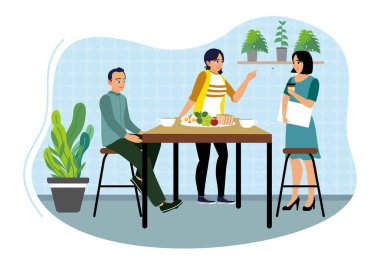 Bazı iş arkadaşları kafeteryada birlikte öğle yemeği yerler. Kadın ve erkek çalışanlar masada sohbet eder, rahatlar, yer ve birlikte içerler. Düz vektör illüstrasyonu.