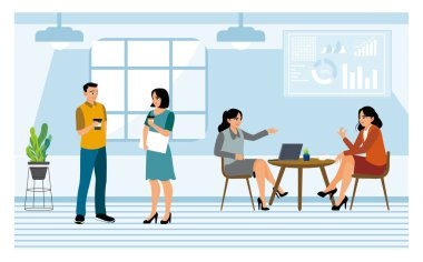 Bazı ofis çalışanları ve iş arkadaşları ofiste mola verir. Personel ve iş arkadaşları sohbet eder, rahatlar ve kantinde kahve içerler. Düz vektör illüstrasyonu.