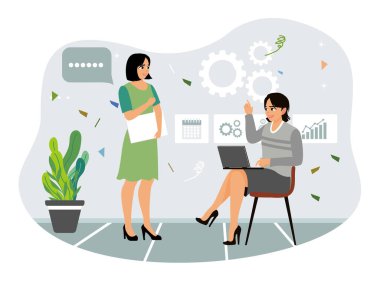 Modern ofiste tartışan iki iş kadını. Grafikler ve iş akışını geliştirmek için zaman analiz ediliyor. Düz vektör illüstrasyonu.