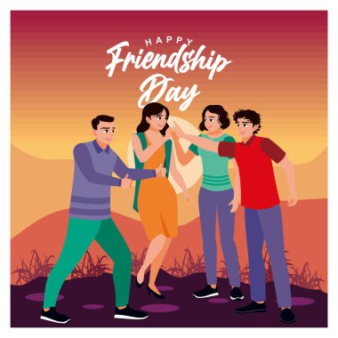 Günbatımı gökyüzü altında arkadaşlık gününü kutlayan bir grup arkadaş. Birlik, mutluluk ve beraberliği ifade etmek. Düz vektör illüstrasyonu