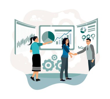 Müşteri ilişkileri yönetimi. İş ekibi işbirliği grafikleri analiz eder ve anlaşmada el sıkışır.