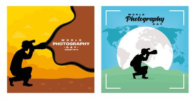 Dünya Fotoğraf Günü 'nde elinde fotoğraf makinesi olan bir fotoğrafçının silueti. Manzaralı bir arka planda fotoğraf çeken bir fotoğrafçı. Düz vektör resimlemesini ayarla