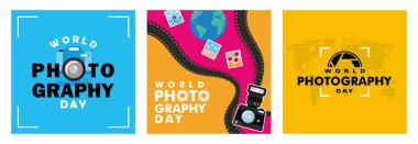 Dünya Fotoğraf Günü 'nde mavi arka planda bir kamera ikonu olacak. Fotoğrafçılık yoluyla anları yakalama sanatı. Küresel harita motifi ve sarı zemin üzerindeki kamera. Düz vektör resimlemesini ayarla