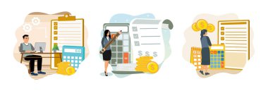Şirket bütçe yönetimi. Kadın muhasebeci şirketin mali planını tahmin ediyor. Muhasebeciler hesap makineleri kullanarak bütçeyi hesaplar ve çalışma tabloları üzerinde raporlar oluştururlar.