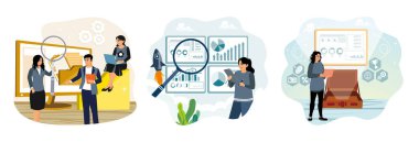 Ofis çalışanları bilgisayarlarda veri depolama düzenlerler. Başarıya ulaşmak için bir büyüteç kullanarak veri analiz ediliyor. Laptop bilgisayarında finansal veri grafikleri görülüyor.