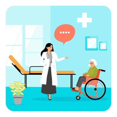 Klinik bir ortamda yaşlı bir hastayla tıbbi uzman etkileşimi, sağlık ve bakım hizmetlerini ön plana çıkarıyor. Hastane sağlık personeli konsepti.