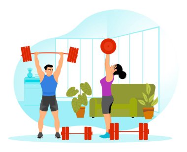 Erkekler ve kadınlar birlikte ağırlık kaldırırken evde egzersiz yaparlar. Forma ve sağlıklı kalmaya odaklan. Sportif genç kızlar konsepti.
