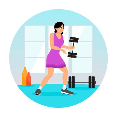 Spor salonunda halter kaldıran genç bir kız, fitness, sağlık ve dayanıklılık eğitimini destekliyor. Egzersiz, refah ve atletik aktivitelerle ilgili kavramlar için idealdir. Sportif genç kızlar konsepti.