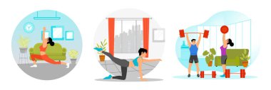 Bir kadın evdeki minderde yoga pozu veriyor. Evde egzersiz yapmak, spor kıyafetleri giymek, fitness pozu vermek. Erkekler ve kadınlar ağırlık kaldırırken evde egzersiz yaparlar. Sportif genç kızlar konsepti.