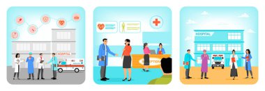Hastanenin dışında duran sağlık görevlileri. Modern bir sağlık merkezi resepsiyon alanı. Hastanenin dış tarafında tıbbi uzmanlar ve ambulans var. Hastane sağlık personeli konsepti.