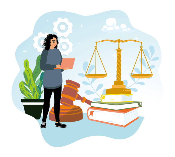 Jurisprudence and law. Female lawyer studying legal information with laptop, gavel, scales of justice, and books.