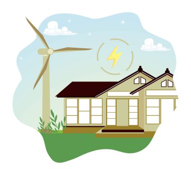 Çevre dostu yaşam ve temiz enerji. Çevre dostu evler yel değirmenleri ve güneş panellerinden elektrik kullanıyorlar.