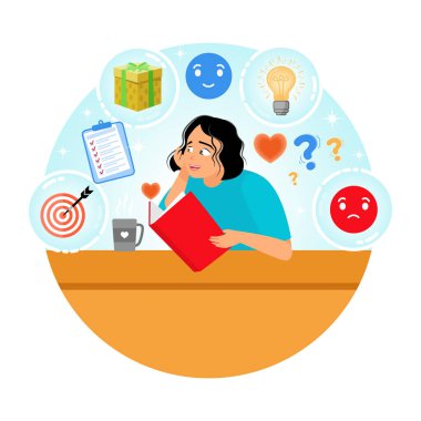 Düşünen ve günlüğüne notlar alan bir kadın. Duyguları, hedefleri ve fikirleri temsil eden, öz yansımayı ve motivasyonu yansıtan sembollerle çevrili. Genç düşünceli kadın konsepti.