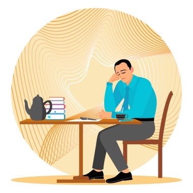 Kitap, kahve ve çaydanlıkla dolu bir masada oturan bir adam düşünme ve yazma ile meşgul. Genç düşünceli adam konsepti..