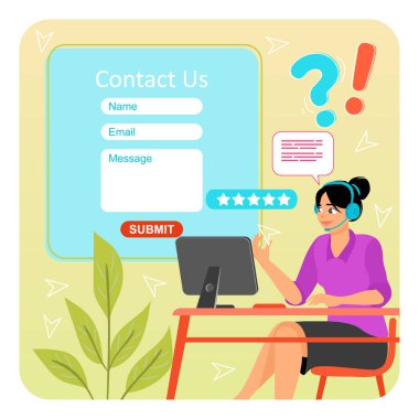 Bir müşteri hizmetleri temsilcisi bilgisayar kullanarak iletişim formu arayüzü gösteriyor. İletişim, masa başı hizmetleri ve müşteri desteğini temsil ediyor. Konsept ile bağlantı kur.